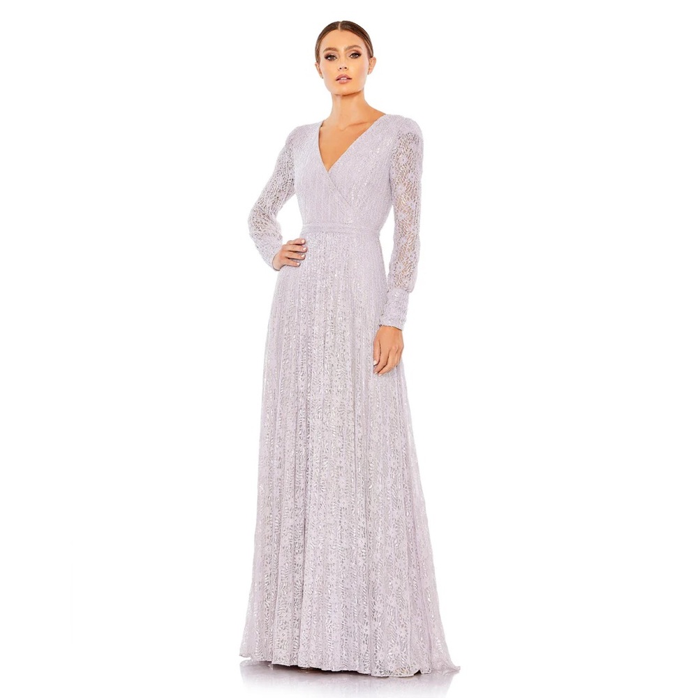 MAC DUGGAL Lavendar long lace beaded formal gown maxi dress v-neck 10 $798